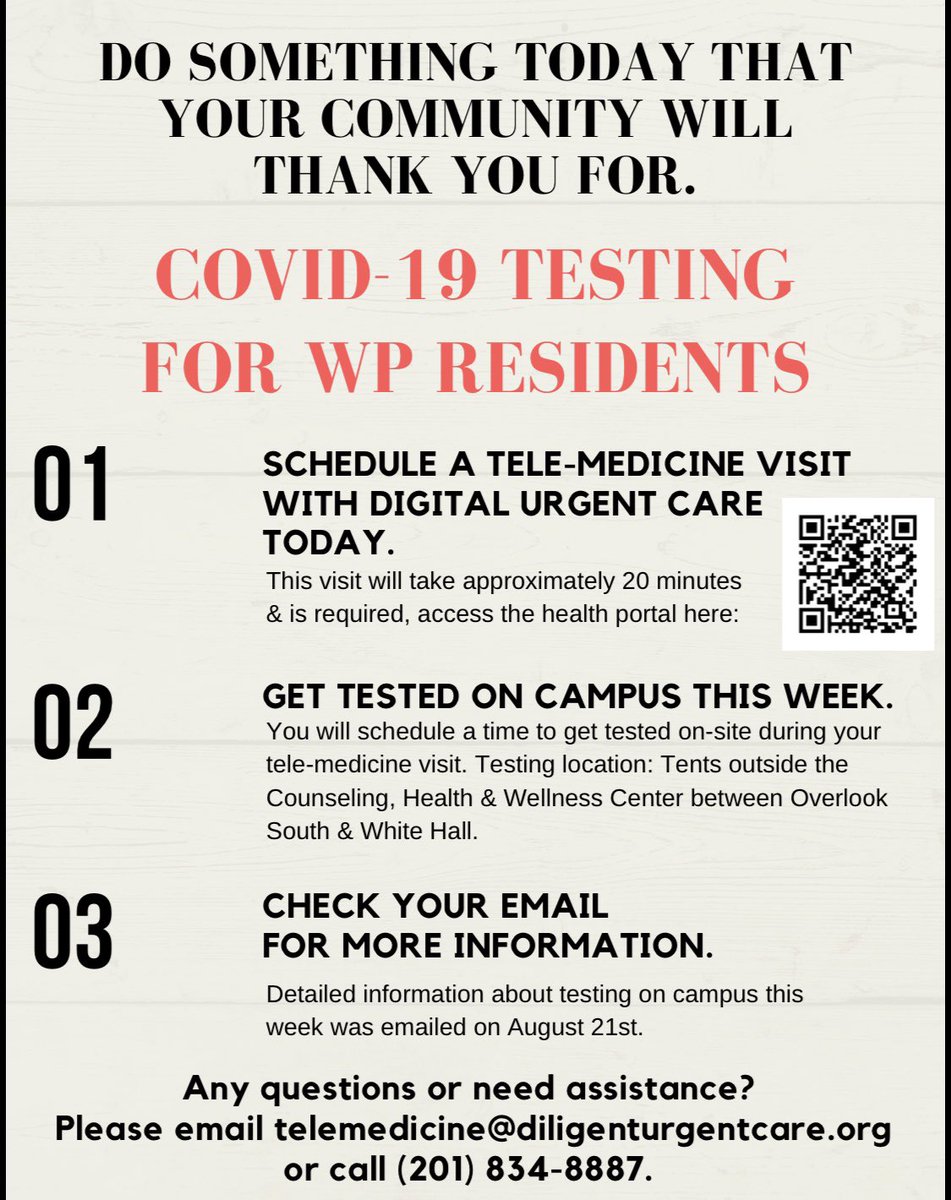 WPCHWCenter's tweet photo. COVID-19 Testing For WP residents on campus this week! Take care of yourself &amp; your community. @wpunj_edu @WPResLife https://t.co/ZkvSLCwYvH