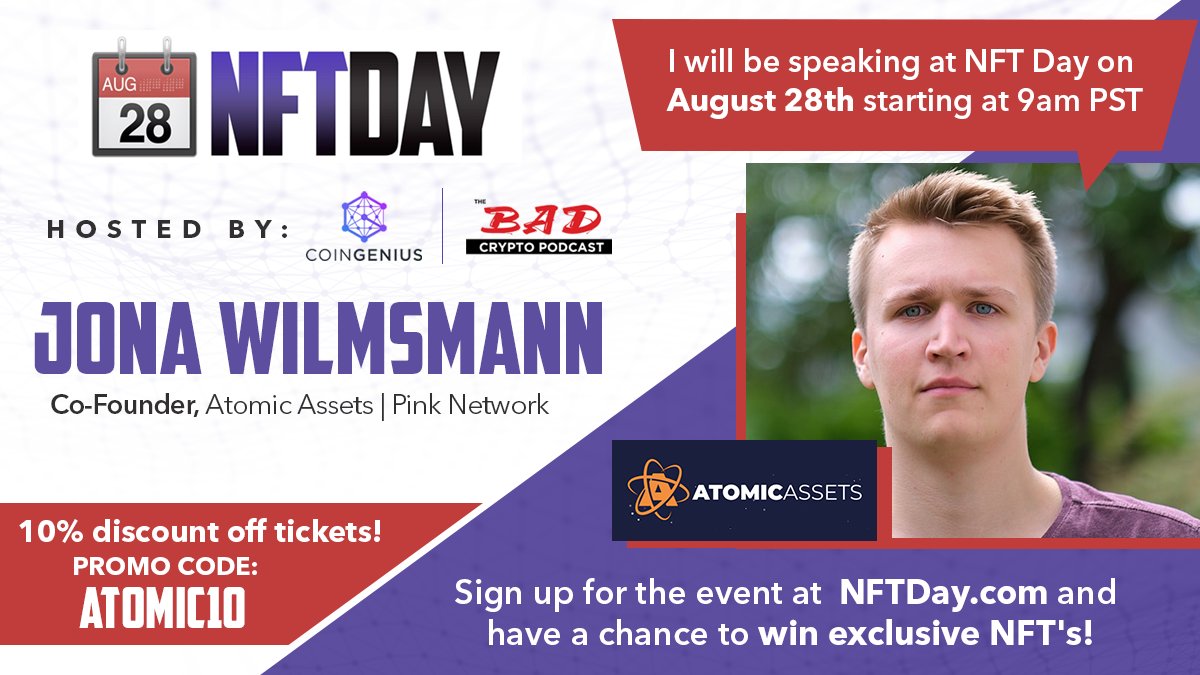 pink.network co-founder Jona Wilmsmann will be speaking at #NFTDay next Friday at 2:30pm PST / 11:30pm CEST

The topic will be technical, talking about what goes into creating the standards that make NFTs possible.

Tickets and more information:
nftday.com