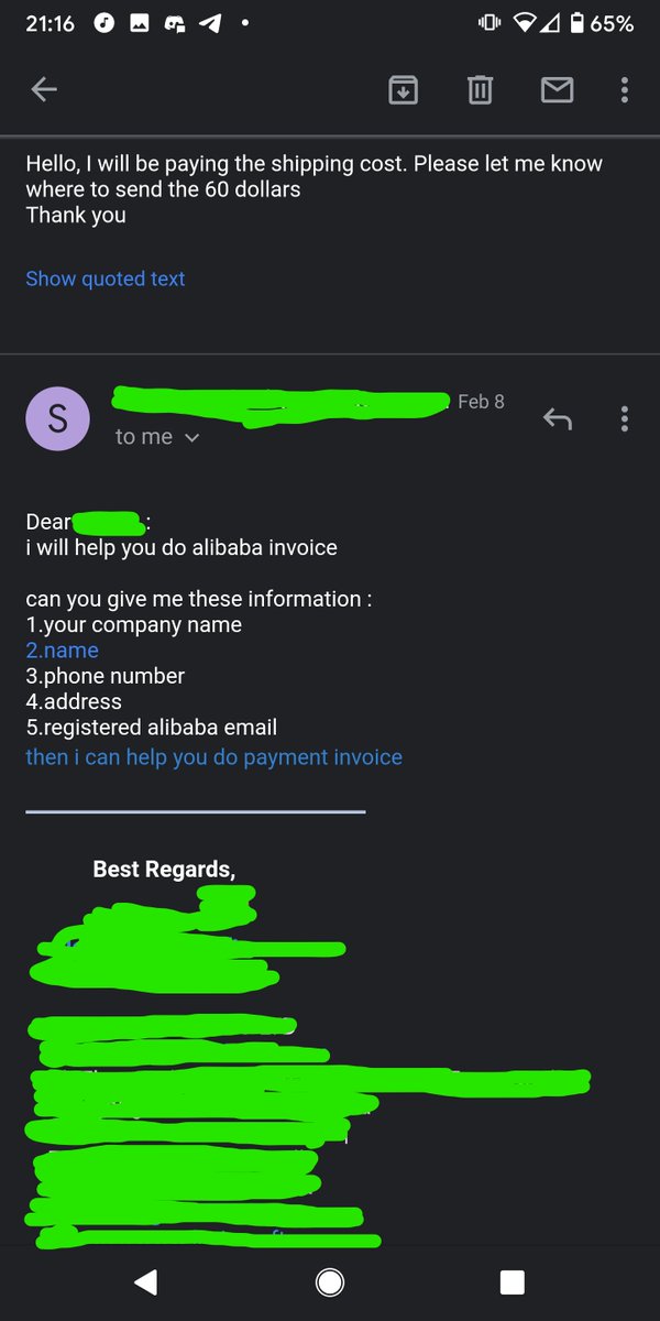 I agreed and messaged the supplier. I was then informed that they would only take Western Union to their Hong Kong bank, or an invoice through a site I'd never heard of called Alibaba. I was not comfortable with either option. I messaged artworktee and told them this.