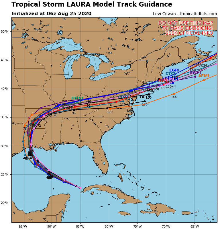 3/ Indeed, much of the guidance showed a westward shift overnight. It's not real obvious when looking at the hurricane models (1st image), but easier to see in the ensemble output from the global models (other 3 images). The threat has increased for the upper Texas coast.