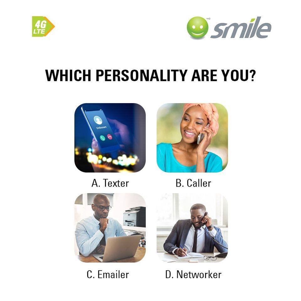 SuremobileL's tweet photo. Are you naturally a texter, caller, emailer or networker? Which phone personality are you? 😀 

Tell us in the comments! A, B, C or D? #SmileNG #SmartTuesday #Indomieinbbntask #instablog #wizkid #LayconDorathy https://t.co/9heLLDFW7H