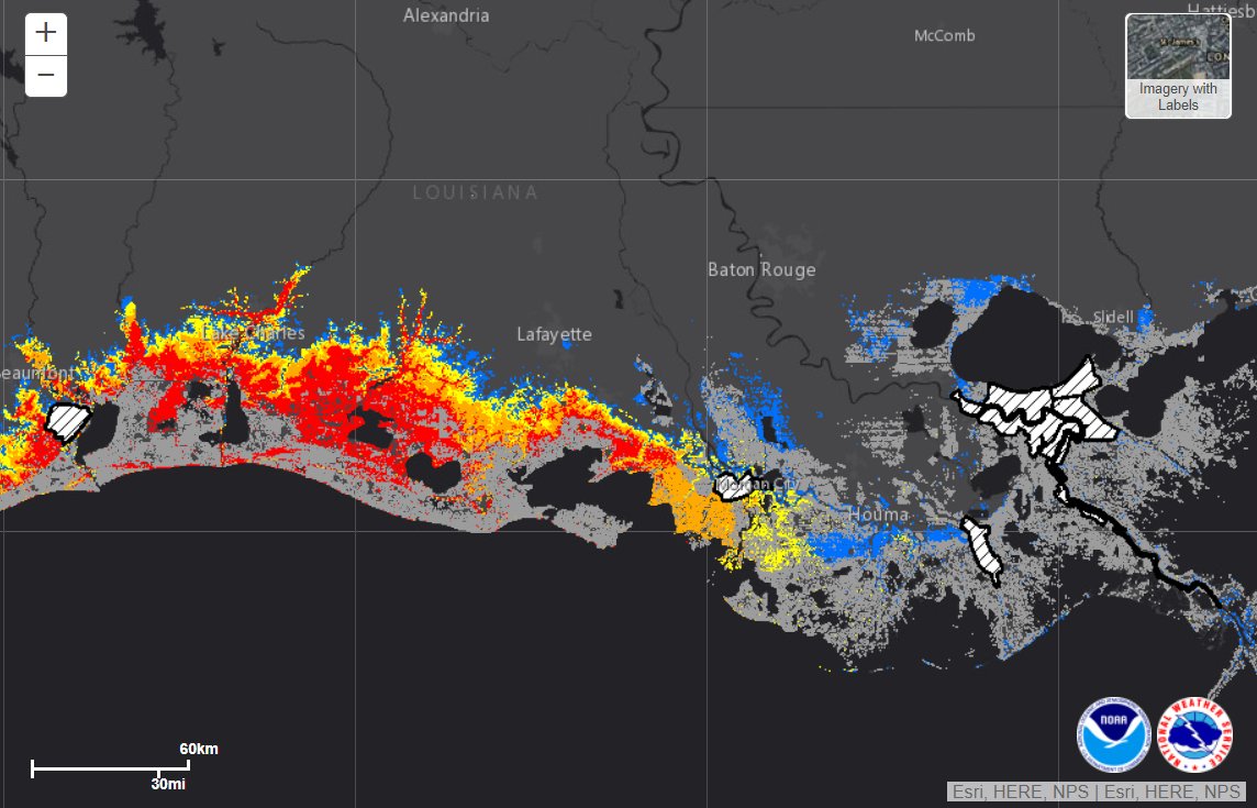 4/ Even if we see an additional westward shift in the next forecast track at 10 AM, this does not change the fact that storm surge will be a MAJOR issue for a good chunk of the Louisiana coast. Red areas on the map below indicate surge of >9 feet is possible.