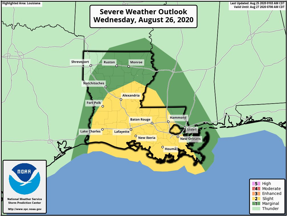 7/ One thing our local area will need to be alert for is potential tornadoes in outer bands. The Storm Prediction Center has upgraded much of our area to a Level 2 (Slight) risk of severe weather on Wednesday to cover that potential.