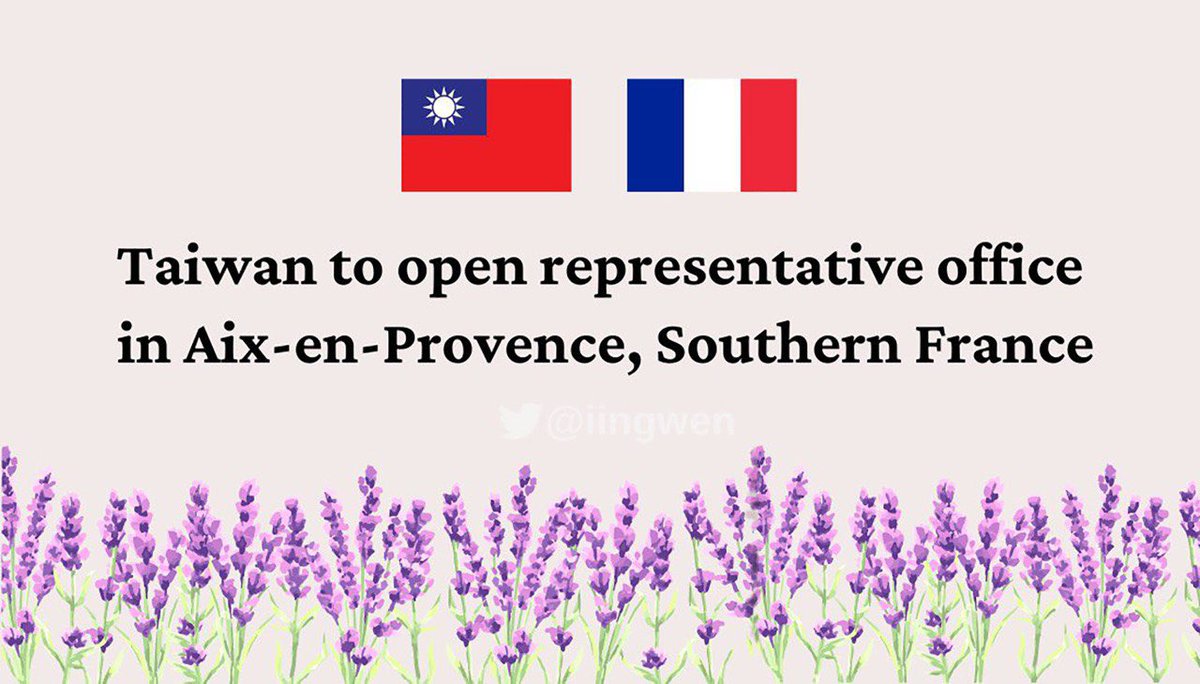 We are setting up an official representative office in #AixEnProvence! The new office will facilitate #Taiwan-#France cooperation in culture, tourism, business, innovation, education, & many other areas. 

Je me réjouis des progrès continus des relations franco-taïwanaises!