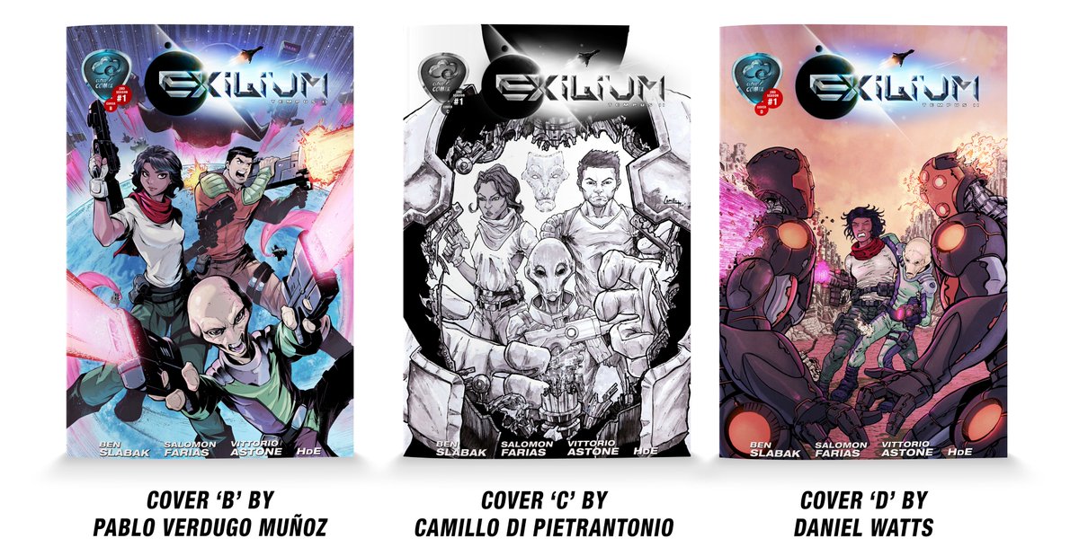 BenSlabak's tweet photo. If you dig variant covers, we have three amazing variants for our first issue of the second series currently funding on #Kickstarter! Cover B by @Pablo_Verdugo_M, cover C by @camillo_roma (which is in ink wash!) and cover D by Daniel Watts. https://t.co/YN4EqWM86M #scifi #comics https://t.co/rN5LiPbsun