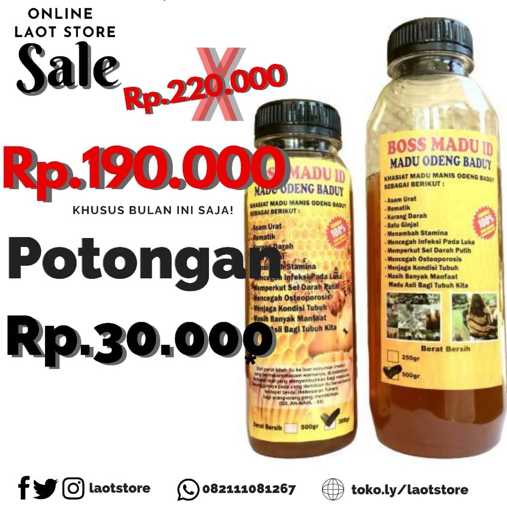 laotstore's tweet photo. Assalamualaikum

Yuk diorder paket double (500+300gram) botol #maduodeng #baduy terbaik dengan harga yg lebih murah!! HANYA Rp190.000 UTK KESEHATAN LOH 😱

Yuk ah diorder melalui marketplace kami https://t.co/leqxA82eZX atau whatsapp 082111081267

Karena sehat butuh usaha #quote https://t.co/OjPA0xALUb