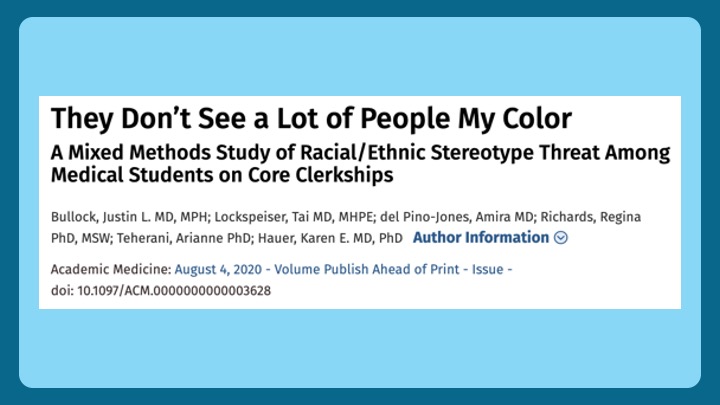 5/ Are microaggressions part of clinical medicine? Uh…YEAH! this paper that is  & hot off the presses in  @AcadMedJournal from:  @jbullockruns &  @karenhauer4TL;DR. Stereotype Threat (a result of microaggressions) is common & interferes with learning. Allyship could help!