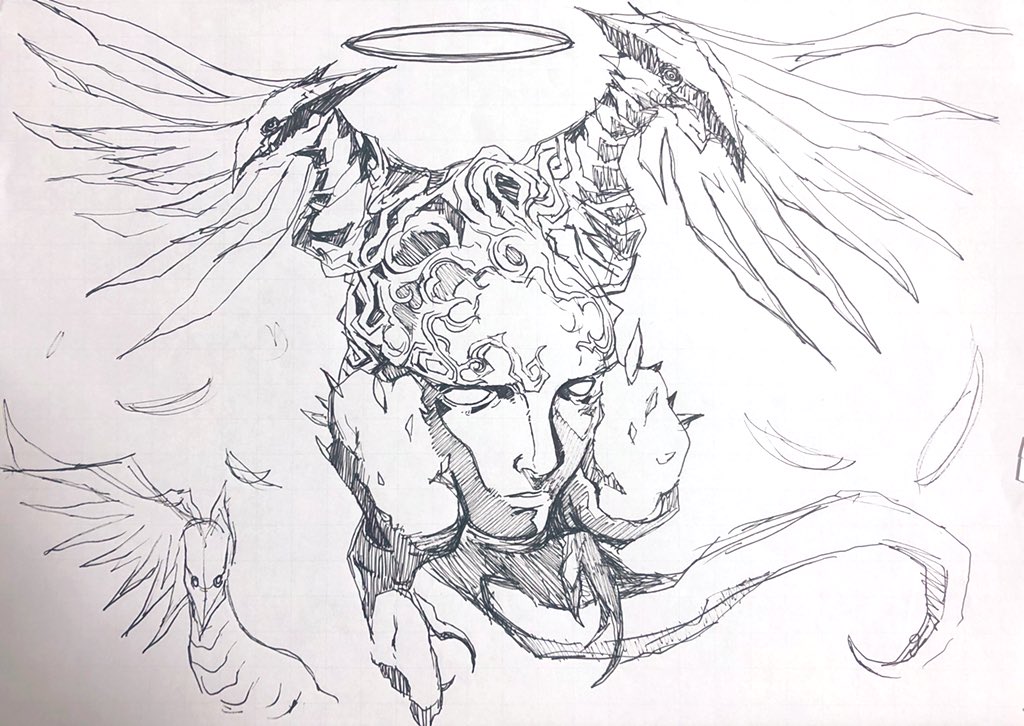 『#ベヨネッタ』最初期の敵アイデア原画。フォルティトゥードは顔の部分を上下逆にする事で“意外性”の重要さを再認識することができたキャラクター。#Bayonetta