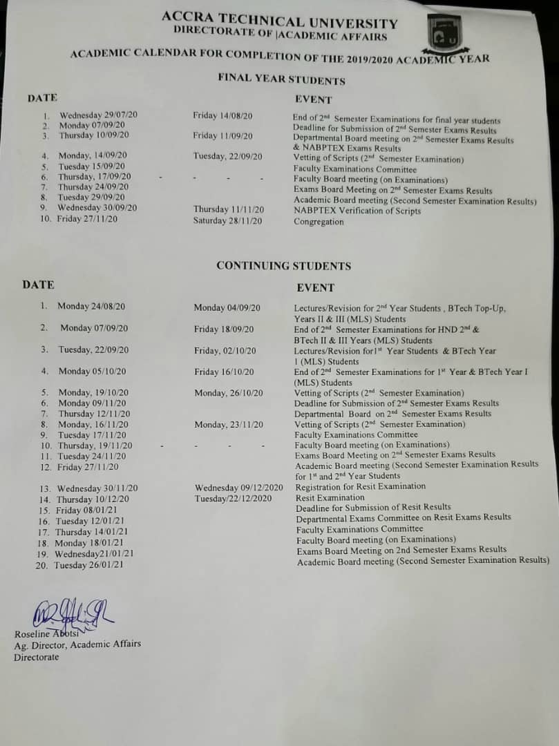 Atu: Academic Calendar For The Completion Of The 2019/2020 Academic Year - Kuulpeeps - Ghana Campus News And Lifestyle Site By Students