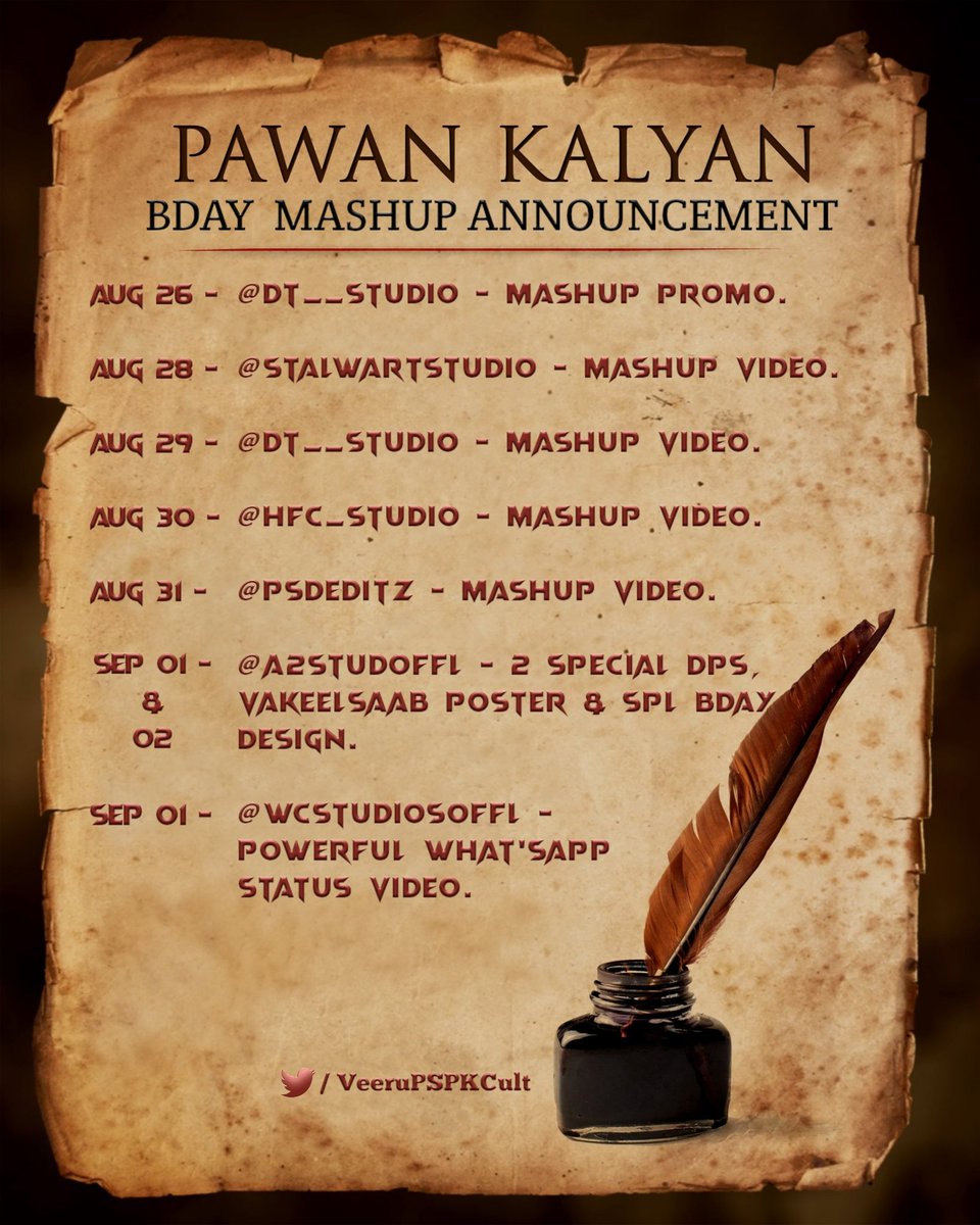 Here We go with Mash-Up Schedule For Next 7 Days 🔥🚨 :

Lot More Surprises Loading...🕺

Stay Tuned to
@StalwartStudio 
@DT__STUDIO 
@Hfc_studio 
#PSDEditz 
@a2studoffl 
@WCStudiosOffl

#PawanKalyanBdayFestBegins
#VakeelSaab • @PawanKalyan