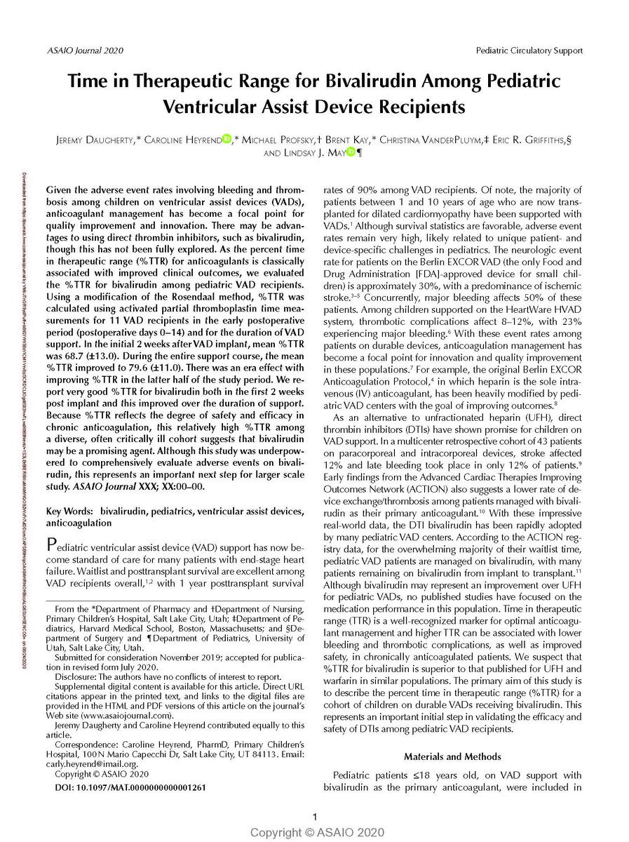 #OnlineFirst Time in Therapeutic Range for Bivalirudin Among Pediatric Ventricular Assist Device Recipients
ow.ly/lRo850B6ZN2
@LindsayJMay @primarychildren @harvardmed @UofUMedicine

#bivalirudin #pedscards #pedVAD #pedshf #anticoagulation-