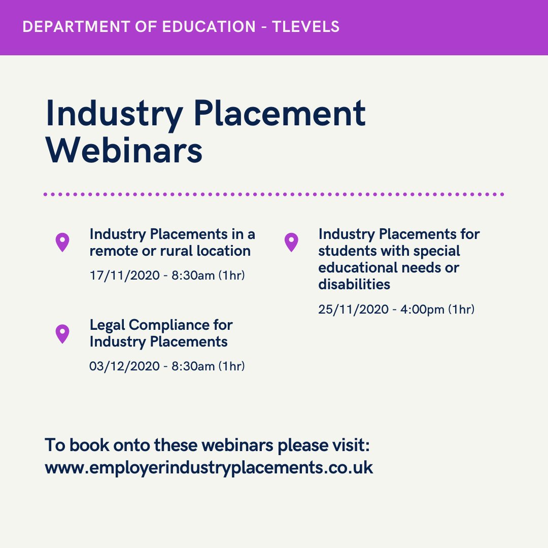 The DfE are hosting some great webinars to help employers understand, decide, plan and prepare to offer Industry Placements! To book please visit: employerindustryplacements.co.uk

#tlevels #industryplacementsatWSC #workplacements #wsc #industryplacements #investinginthefutureworkforce