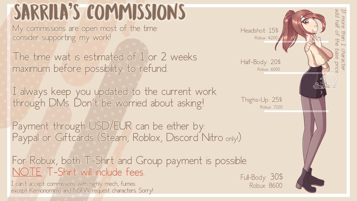 Sarrila On Twitter Commission Sheet Update Please Consider To Rt Like If You Want To Support Me Without Paying Something It S Always Really Appreciated Https T Co Moso96kmze - roblox commissions twitter