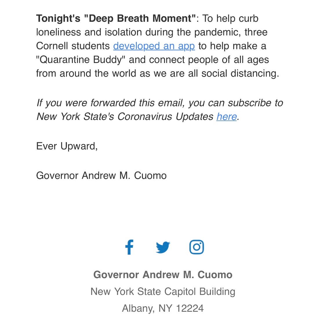 Thanks <a href="/NYGovCuomo/">Archive: Governor Andrew Cuomo</a> for the shoutout! Honored to be NY State's Deep Breath Moment :) #Cuomo #QBuddy #GovernorCuomo #QuarantineBuddy #DailyBriefing