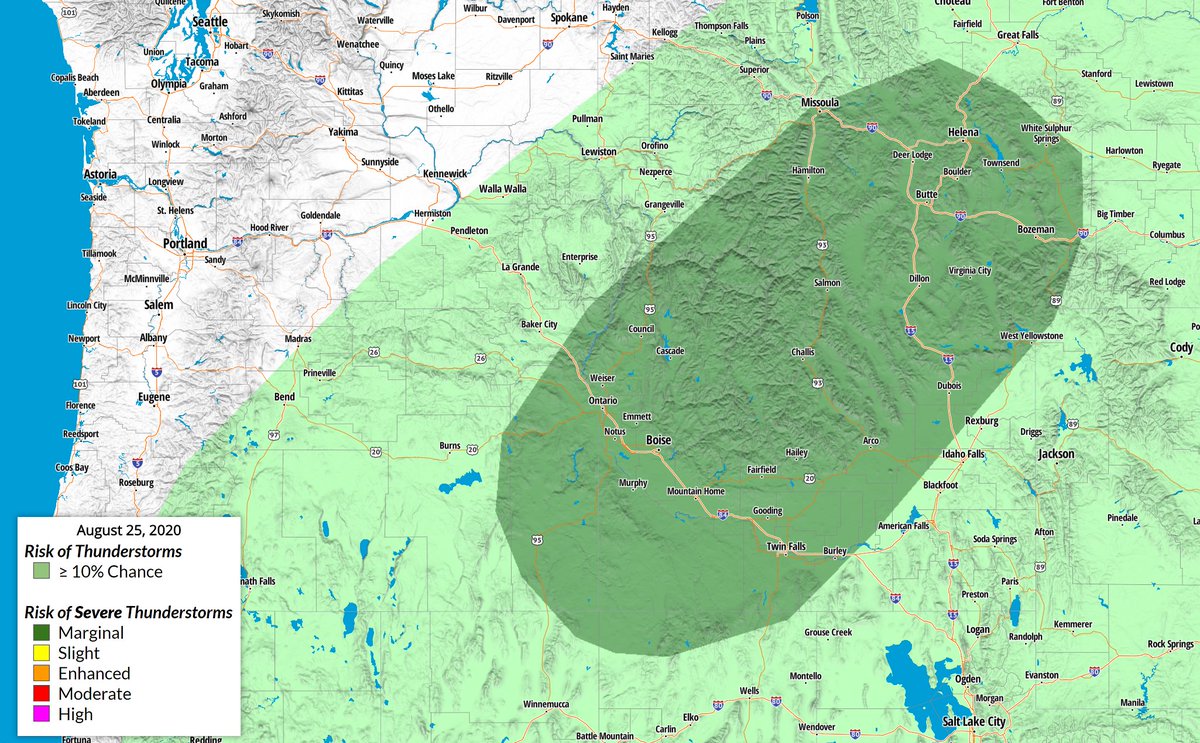 Thunderstorms will develop today across the area. Locations in dark green are at risk for strong, locally damaging wind gusts. #IDwx #ORwx