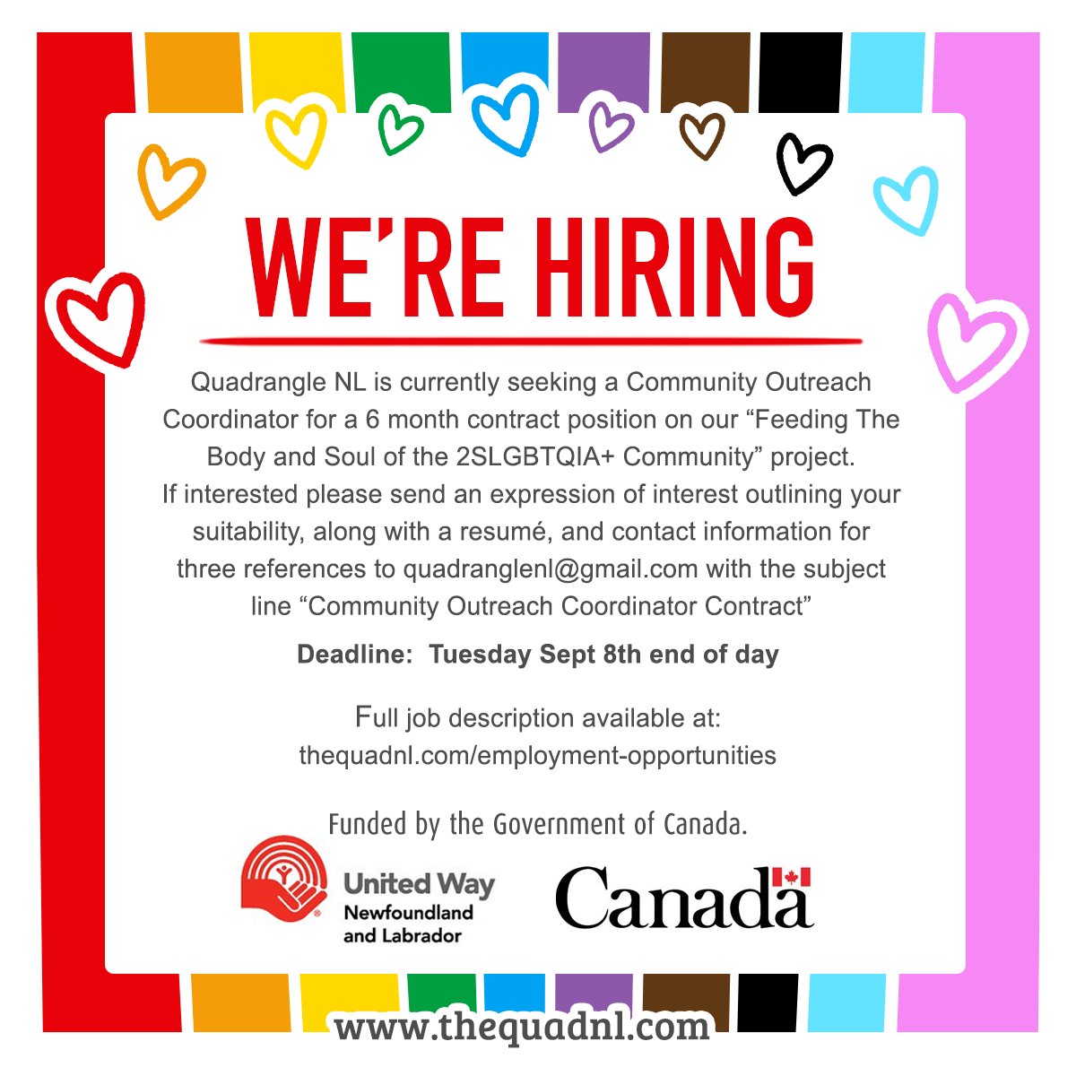 We are so pleased to be seeking our first contract hire!
With our #ECSFund project funded by the Government of Canada thanks to <a href="/UnitedWayNL/">United Way NL</a>  and the Emergency Community Support Fund from <a href="/ESDC_GC/">Employment and Social Development Canada</a>  

Full job description can be found on our website at:
thequadnl.com/employment-opp…
