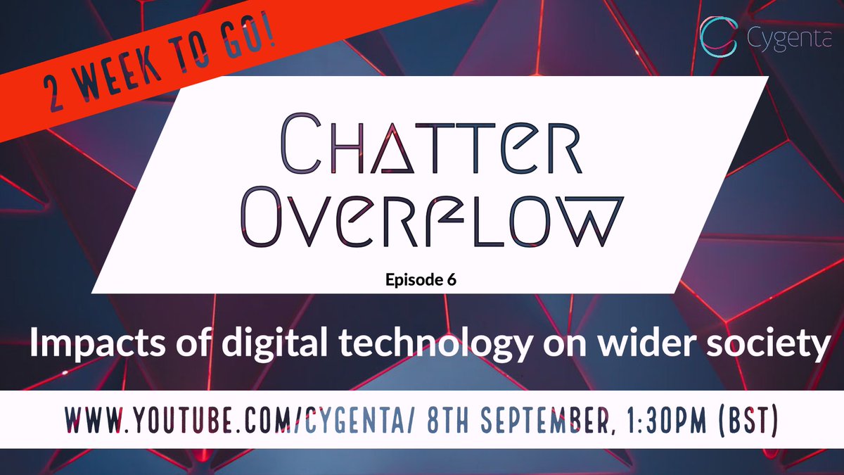 MadzzHoward's tweet photo. Join @CygentaHQ in 2 weeks for the next episode of #ChatterOverflow!
In this episode, @drjessicabarker and @_Freakyclown_ will be exploring the impact of digital technology on wider society.
📅8th September
⏲️1:30pm
➡️https://t.co/aBmUaCztyO https://t.co/5GYZp7SojF