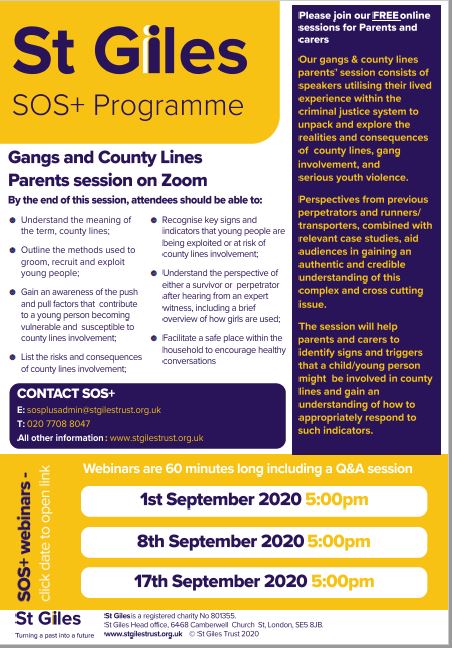 Free online sessions for parents/carers  to help spot signs a child or young person is involved in gangs and county lines <a href="/StGilesTrustSOS/">SOS Project</a>