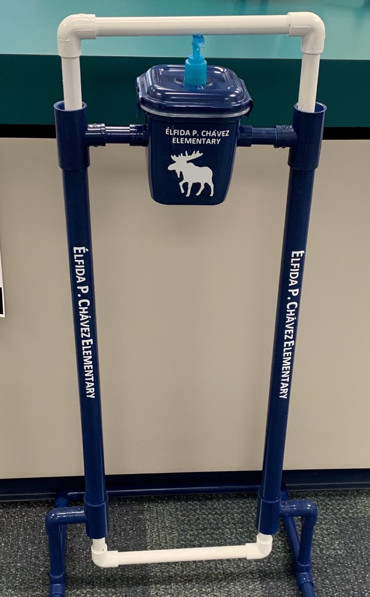 retired_EDU's tweet photo. Our new “Moose” touch-less hand sanitizer dispenser. Created by a former Moose student! Ms. Alba demonstrates. #TeamSISD https://t.co/eAWG5yXmnf