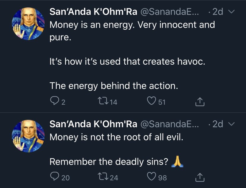 There’s a lot going on here...“Money is not the root of all evil, money is an energy, very innocent and pure.”Next tweet: “How did we really manifest a timeline ourselves where children are being trafficked, raped & tortured?”