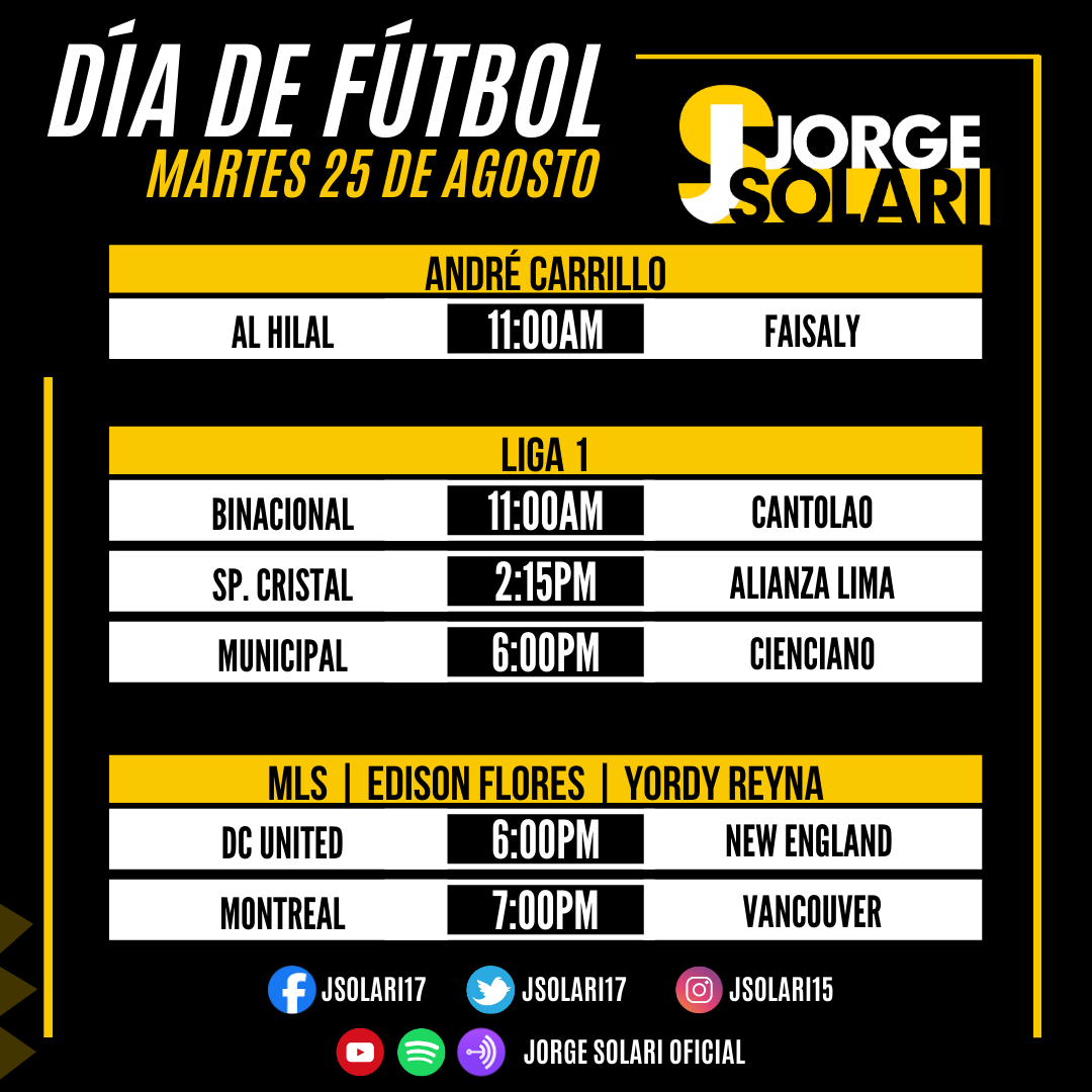 jsolari17's tweet photo. PARTIDOS DE HOY🇵🇪⚽️🔥
@Alhilal_EN (André Carrillo🇵🇪) vs #Faisaly
@BinacionalFC vs @ACantolao
@ClubSCristal vs @ClubALoficial
@CCDMunicipal vs @Club_Cienciano
@dcunited (Edison Flores 🇵🇪) vs #NewEngland
#Montreal vs @WhitecapsFC (Yordy Reyna🇵🇪) https://t.co/BNNbM5Ku8G