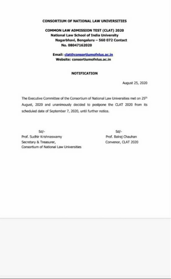 Iamtssudhir's tweet photo. The note that is circulating on social media (attached below) about #CLAT2020 being postponed is FAKE. I just spoke to a member of the Executive Committee, he informed there was no meeting of the EC today and that the NLU is issuing a clarification on the fake information. https://t.co/pJ2IZJnV77