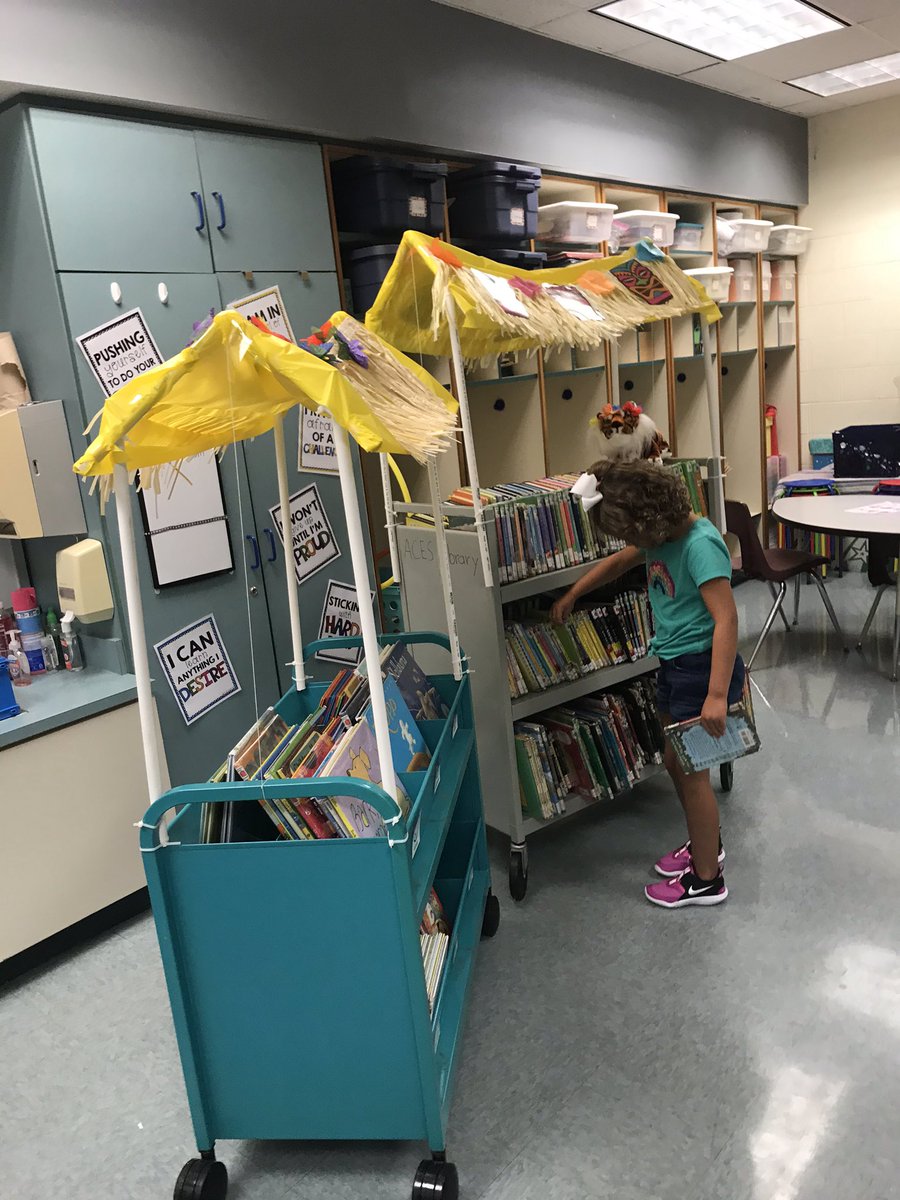 The Surf’s Up Book Huts are up and running this morning as library check-out on wheels began today!! #ACESSurfsUp #LibraryWaves #ElementaryLibrary #libraryonacart