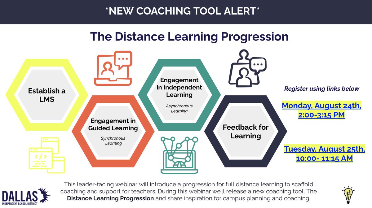 PersonalizeDISD's tweet photo. Last chance to register and join us this morning at 10AM to learn about our newest coaching tool, The Distance Learning Progression! @AfL_Dallas @LEAD_DallasISD @TransformDISD Register at 👉https://t.co/ssQbQSPT4u https://t.co/54bAzYjaiM