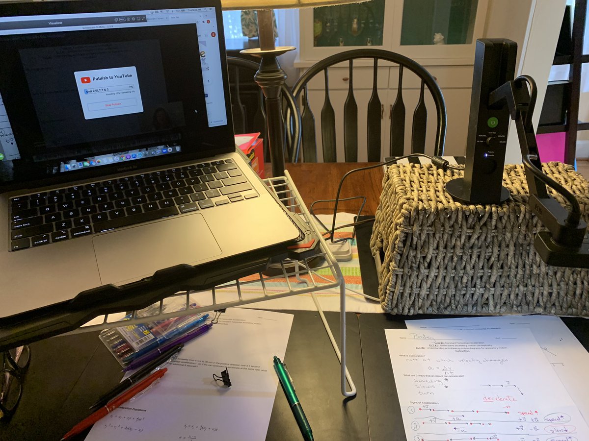 BaileyPhys's tweet photo. Making videos of me teaching physics concepts from my dining room for asynchronous learning this year.   This leaves class time for labs and discussion!  #RCSDpirates #hybridlearning #flippedclassroom #teachersworkallyear #PHYSICSISFUN https://t.co/DHyOEz2Hxs