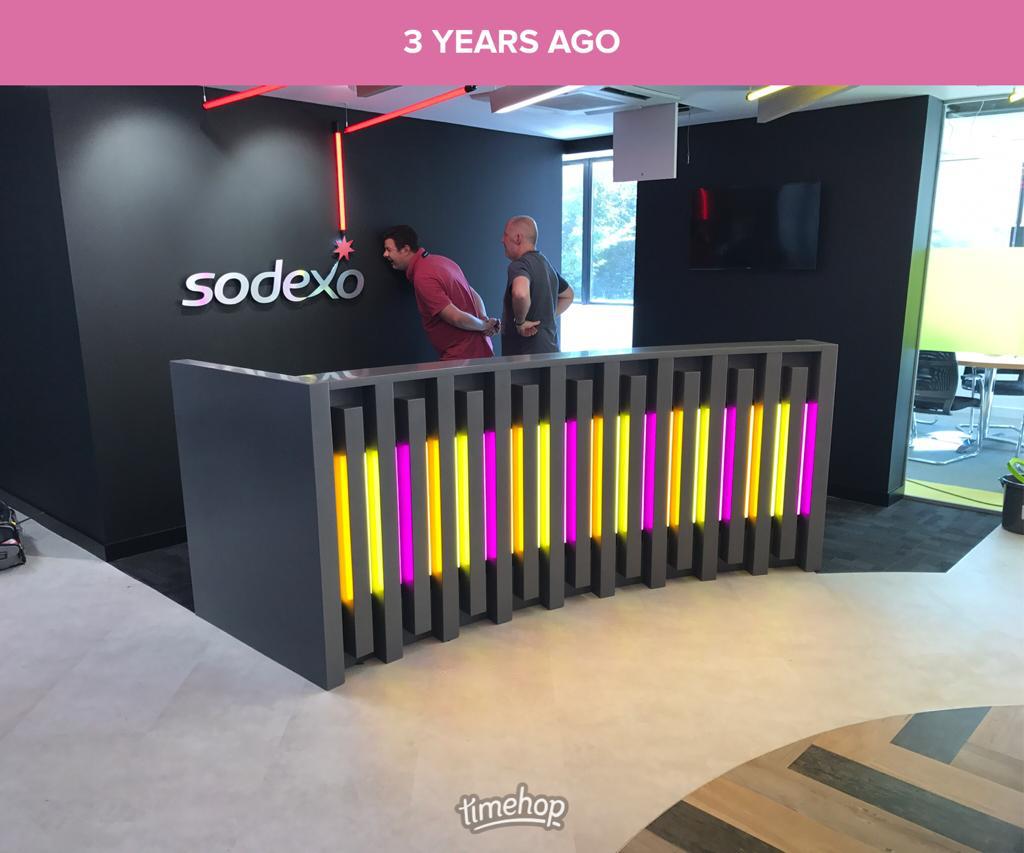 Remembering a curved reception desk we fitted a few years ago today. Using <a href="/coriandesign/">Corian Design</a> #DeepCloud #Solidsurface with coloured lighting. #BespokeJoinery #MadeInBritain