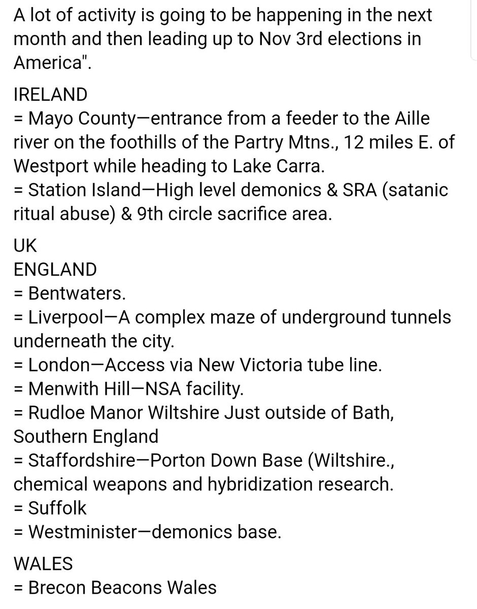 Apparently there's underground military bases in Mayo and Shannon, and Station island is an area of "High Level Demonics" and Satanic ritual abuse, which is par for the course for a 9th circle sacrifice area.These will be "activated" in the run up to the US election of course.