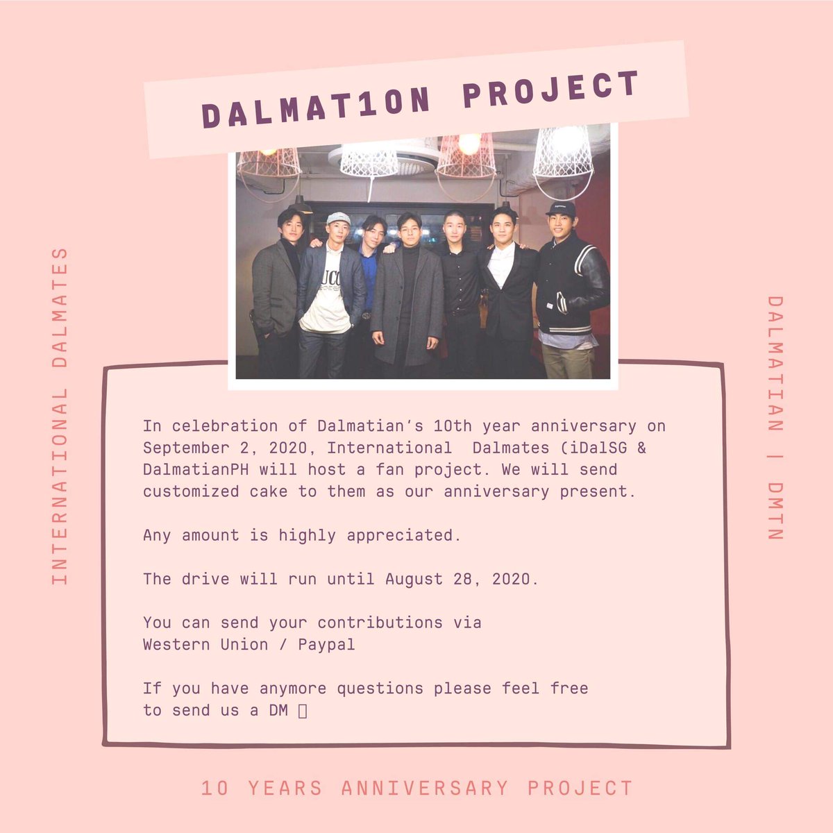 dalmatianph's tweet photo. Hello Dalmates! In celebration of our boys 10th anniversary, we, together with @iDalmatianSG, will be hosting a project. Please see photo for details. You may send us a DM for any question. #DALMAT10N 

For PH dalmates, pls send us DM if u want to donate. ❤🥰🐾 https://t.co/WuPhagvif2