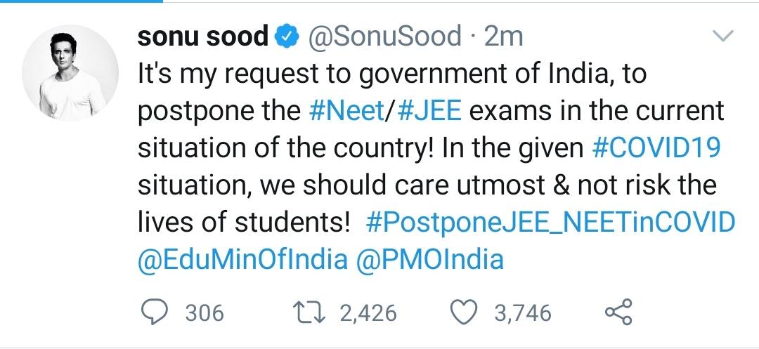 SubramanianSw18's tweet photo. Finally someone from Bollywood stood for us. I'm thankful to Mr. Sonu Sood Sir🙏 #MODIJI_POSTPONEJEENEET https://t.co/ZsziIvOduX