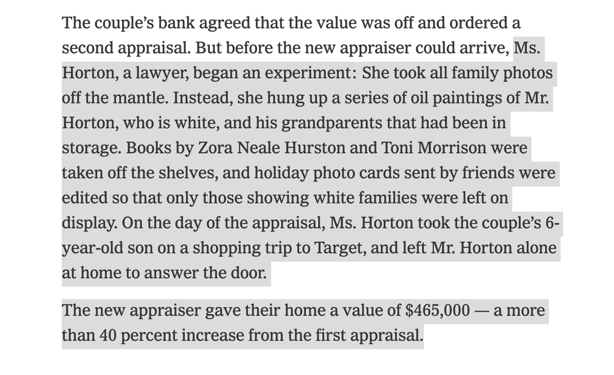 smervosh's tweet photo. A Black woman removed signs of her Blackness from her home and left her white husband at home to handle the appraisal. 

The result: more $$. 

Important read on the subjective process of home appraisals, and how biases can play a big role
https://t.co/fzdXgRS7gs https://t.co/mJSvos0HCr