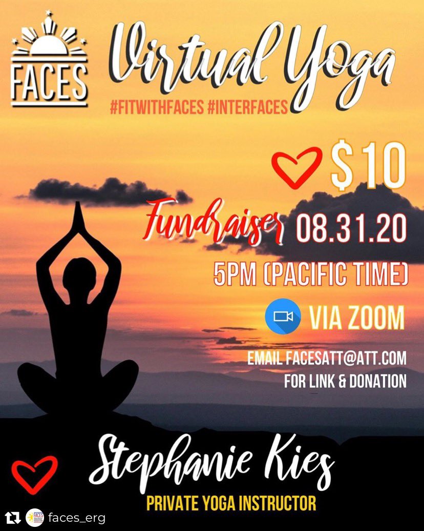 FACES_Midwest's tweet photo. World got you down? Join FACES for a Virtual Yoga Fundraiser and lift your mind and body! 08.31.20 at 5pm (PST) via Zoom with $10 donation. 
Email: facesatt@att.com for link and donation methods. #FitWithFACES #interFACES #ATTimpact https://t.co/LKF7B1KRDa