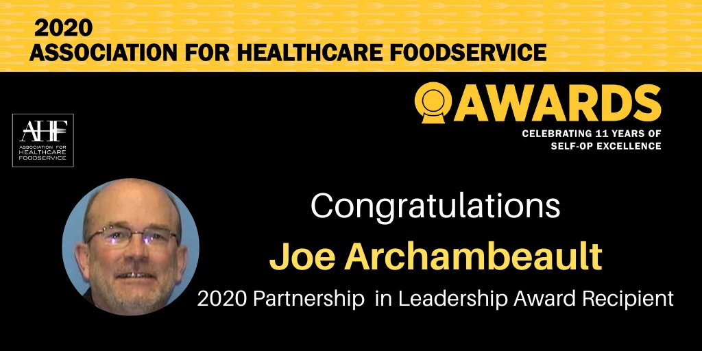 ahfnetwork's tweet photo. Congratulations Joe Archambeault, VP of Support Services at Centra Health, for receiving the 2020 Partnership in Leadership Award. This award recognizes an operator member's facility that demonstrate a strong commitment to #selfoperation and currently supports the FS Director. https://t.co/xRB52vZmB7