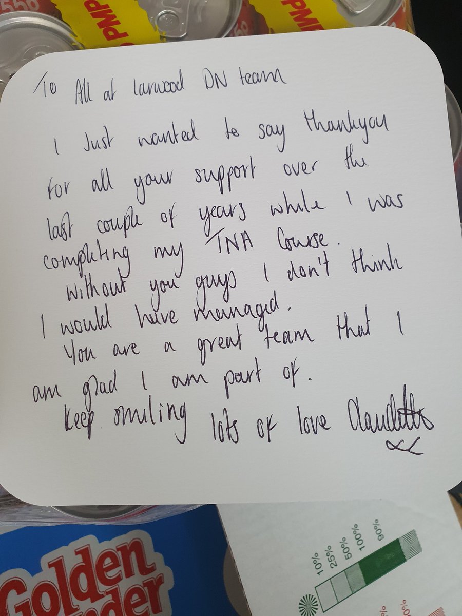 Claudette has successfully completed her Nursing Associate course and is awaiting her PIN. 
As a thank you to the team Claudette has brought some treats and a card.
<a href="/Worksopnurses/">Worksop & Villages Community Nursing Team Notts HC</a> could not be more proud of Claudette. Well Done 🥳 <a href="/NottsHealthcare/">Nottinghamshire Healthcare</a> @DSmithNottsHC <a href="/ZoeRead5/">Zoe Read 💙</a>