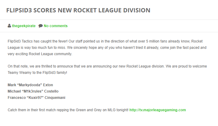 A legendary name in the @RLEsports scene! 5 years ago today, @FlipSid3Tactics entered Rocket League Esports, a couple of months after the game's launch. The organization acquired 'Teamy Weamy', with the roster of @markydooda, @M1k3Rules and @kuxir97. 📄liquipedia.net/rocketleague/F…