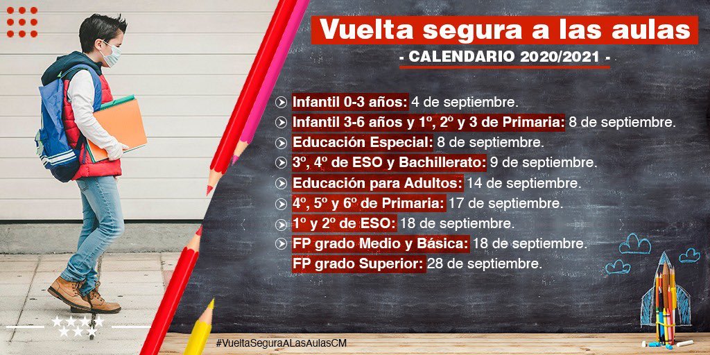 CNSRecuerdo's tweet photo. Nuevas fechas para el inicio de las clases en Madrid en septiembre:
👉🏻 Infantil de 3 a 6 años, 1º, 2º y 3º de Primaria: martes 8
👉🏻 3º y 4º de la ESO y Bachillerato: miércoles 9
👉🏻 4º, 5º y 6º de Primaria: jueves 17
👉🏻 1º y 2º de la ESO: viernes 18 #VueltaAlColeEducsi https://t.co/mBKReYYnVa