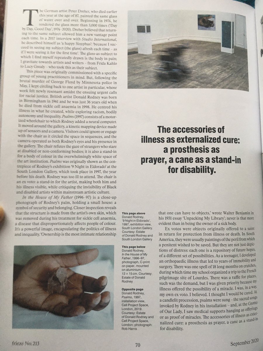 Wrote for the September issue of  @frieze_magazine about the idea of the religious Ex-Voto as corporeal effigy in the work of artists who explore intersections of illness, gender and race. Featuring Jesse Darling, Diamond Stingily, Julia Phillips and the late Donald Rodney. 1/