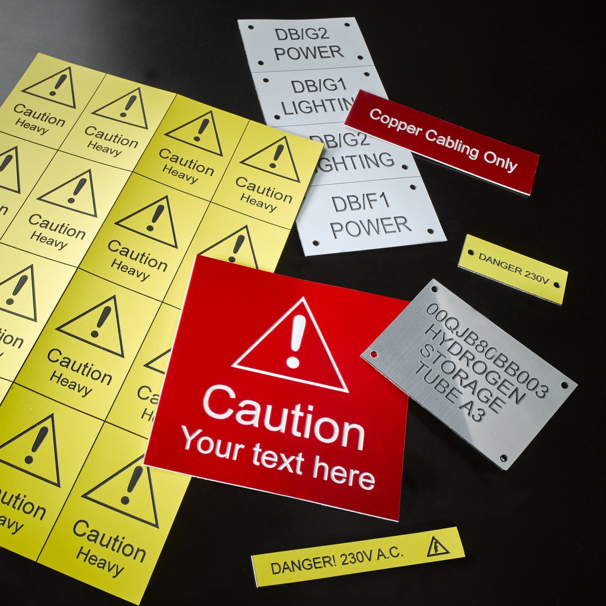 We create labelling to your specification. These labels are made from micro capped acrylic, which has a cap and core colour. During the printing process, parts of the cap colour are engraved away to reveal parts of the core colour.  Get in touch for more info. 01664 823 885