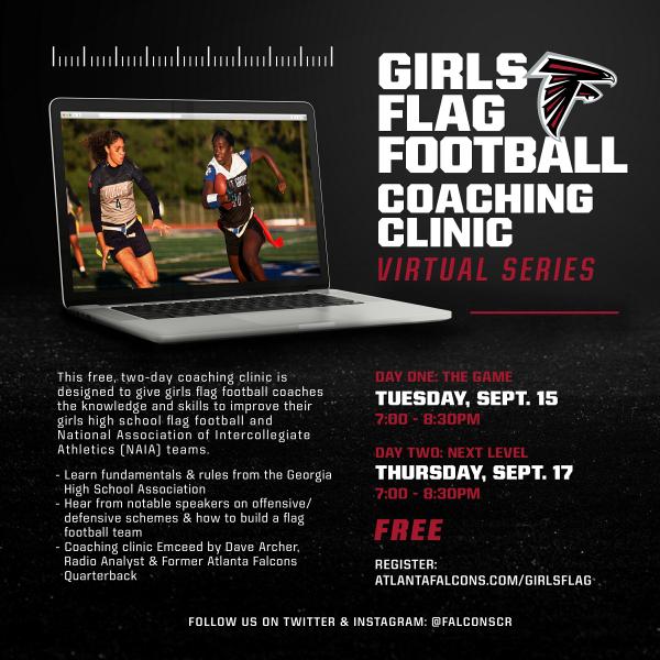 OfficialGHSA's tweet photo. Free Falcons Flag Football Coaching Clinic on Sept. 15 &amp; 17. https://t.co/JfHTqCVWMB https://t.co/Cr4MbdLlUL