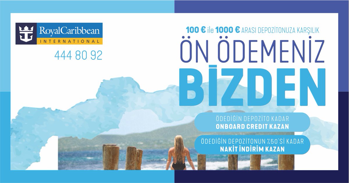 Ön Ödemeniz Bizden ! Royal Caribbean'da fırsat sezonu açıldı. 100 € ile 1000 € arası depozitonuza karşılık, ödediğiniz depozito kadar onboard credit kazanabilir ve ya ödediğiniz depozitonun %50'sini nakit indirim olarak kullanabilirsiniz.