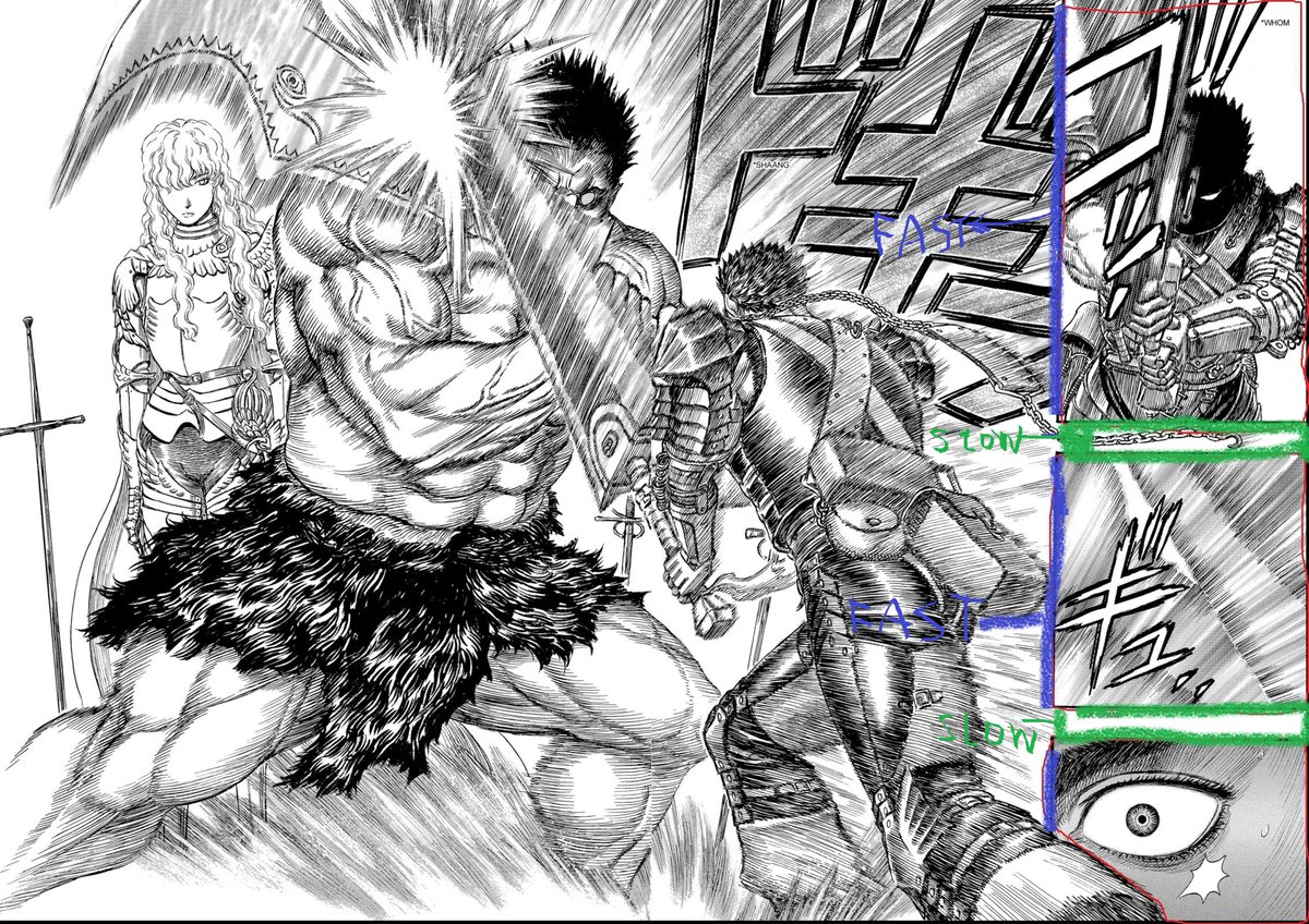 Second, Miura plays with the number of the panels and their borders to build and delivering the climaxThe small panels give details and the border between them a pause for the reader.Them being inside the big panel with no border renforces the speed and strength of the impact