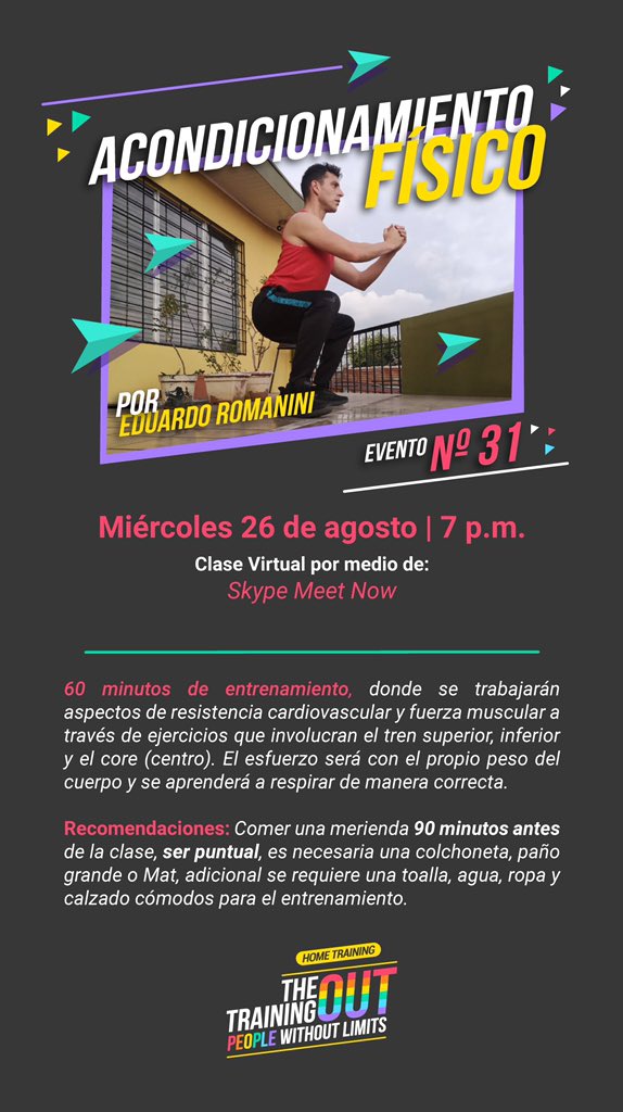 TheTrainingOut's tweet image. Evento Nº 31 en #TheTrainingOut

Miércoles 26 de agosto | 7 p.m.
Clase virtual de acondicionamiento físico impartida por 
@EduardoRomanin4

Skype Meet Now
Link: join.skype.com/t41U5oZDGmnh

¡RT para compartir con tus amigxs! 💪✨