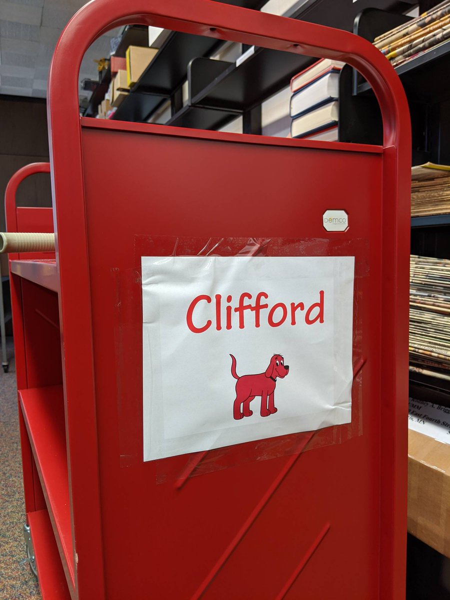 ummbriggs's tweet image. Meet our newest library cart. Clifford. Just like the big red dog our newest team member likes to zoom around and play. We&apos;re training him to carry books.
#LibraryCarts #BriggsLibrary #UMNMorris