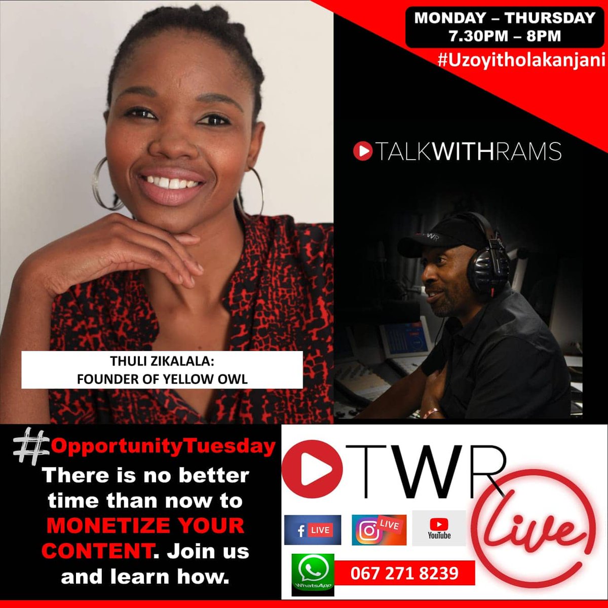 _Thuli_Zikalala's tweet photo. Does having a YouTube channel offer a viable income stream for content creators?
Tonight 7.30pm I speak to @RamsByTheHorns about the exciting opportunities to monetize digital content.
#goodvibeswiththuli #TWR
#SubscribeZA https://t.co/FmcJT18PnN
