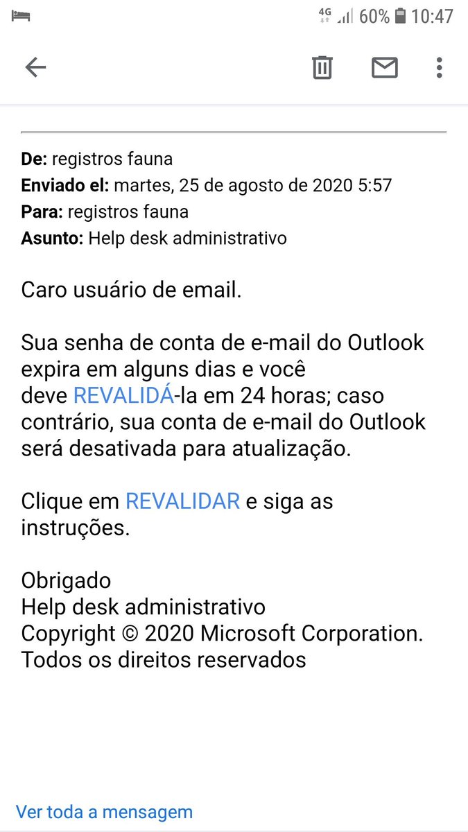 VOSTPT's tweet photo. ℹ️🤖 #Phising Mensagem de e-mail enviada em nome da @Microsoft, sobre o serviço @Outlook. Não carregues no link, e apaga a mensagem 🤖ℹ️ https://t.co/EWwBVvpEpD