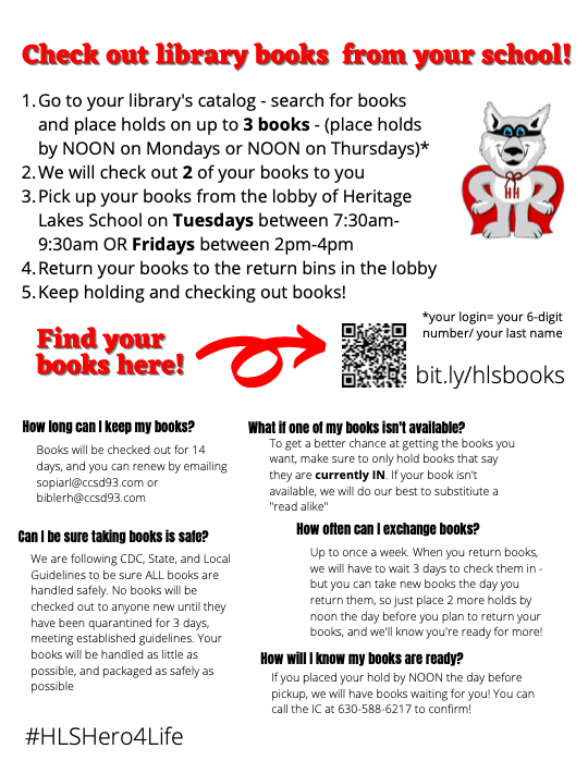 HLSReaders's tweet photo. Your student can still check out books from our library! Check out the flyer or watch the video linked. Your student will be hearing MORE about this when they meet with Mrs Bibler on Zoom! https://t.co/cPlnxOnvDp #HLSHero4Life #CCSD93 #HLSReads https://t.co/ImrZNodatu