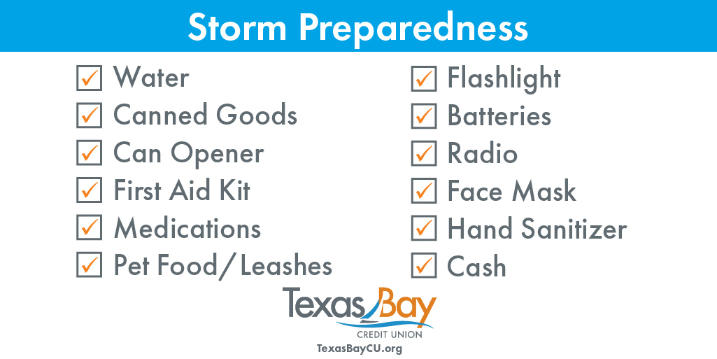 With tropical storms brewing in the Gulf, make sure your outdoor furniture is secure and your storm kit is ready. Download and print a complete checklist at: ready.gov/kit #HurricanePreparedness #StormPreparedness #tropicalweather #TexasBayCU #TexasBayCares